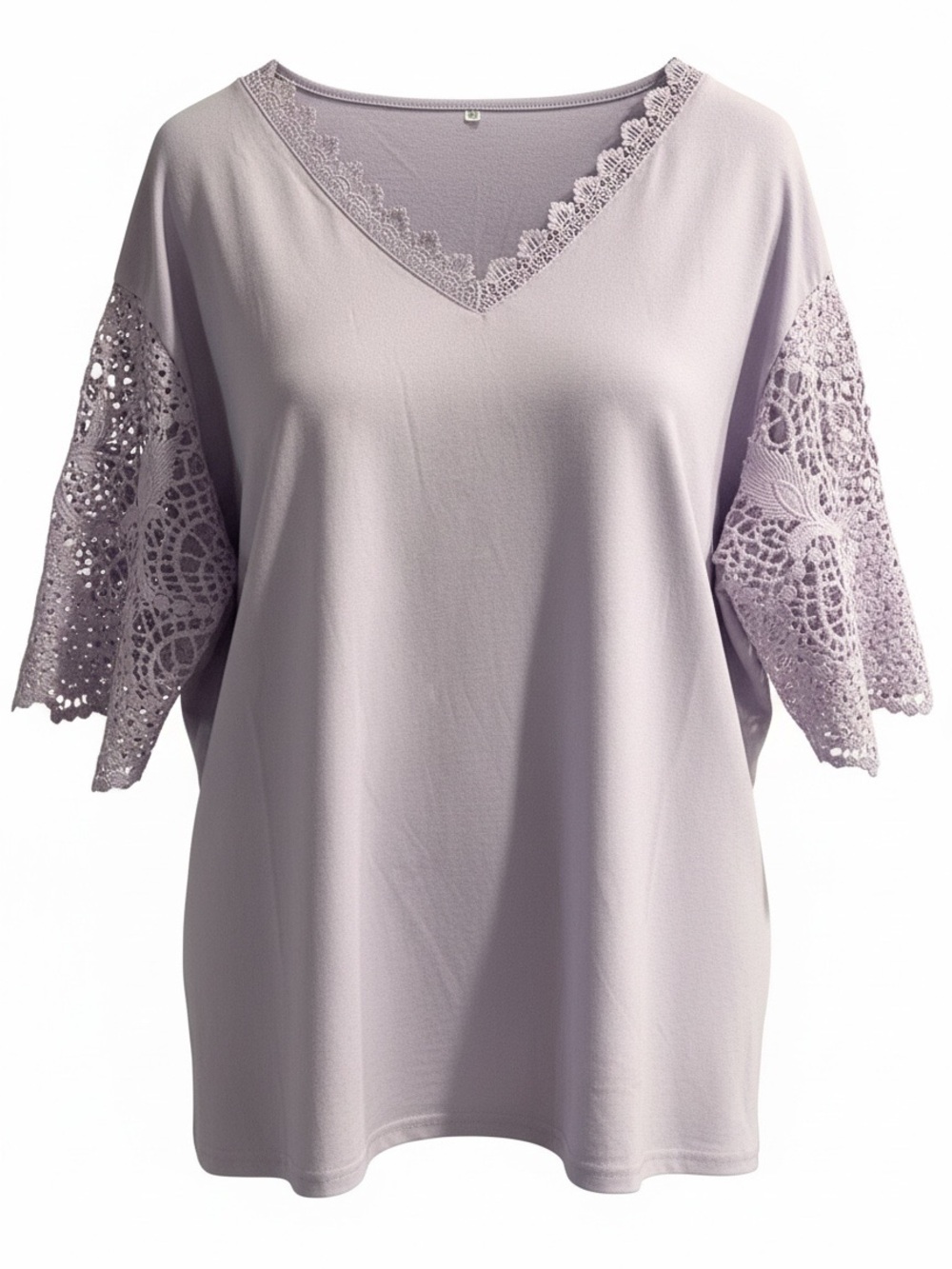 Lavender V-Neck Tee with Crochet Lace Sleeves